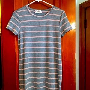 pink, grey, and white striped T-Shirt dress